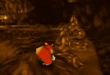 a cartoon fox is standing on a rock in a dark cave