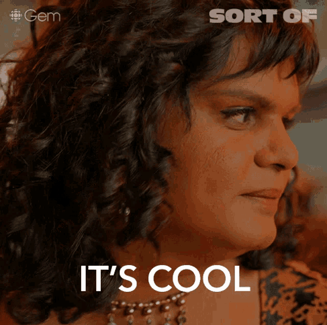 a close up of a woman 's face with the words " it 's cool " on the bottom