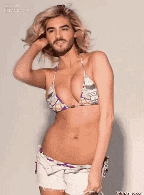 a woman in a bikini with a man 's face on her face