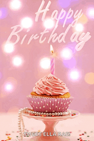 a birthday card with a pink cupcake and the words happy birthday sweet ella rae on it