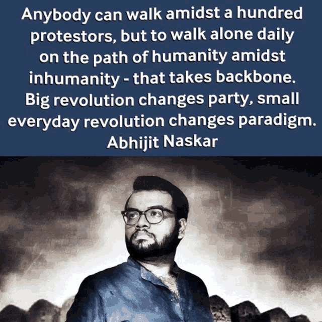 a quote by abhijit naskar is displayed on a blue background
