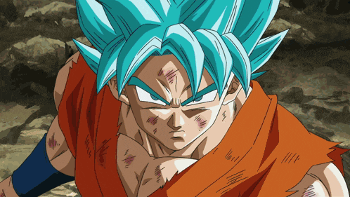 a close up of a cartoon character with blue hair and a red shirt