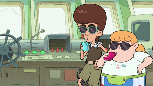 two cartoon characters wearing sunglasses are standing next to each other in front of a steering wheel
