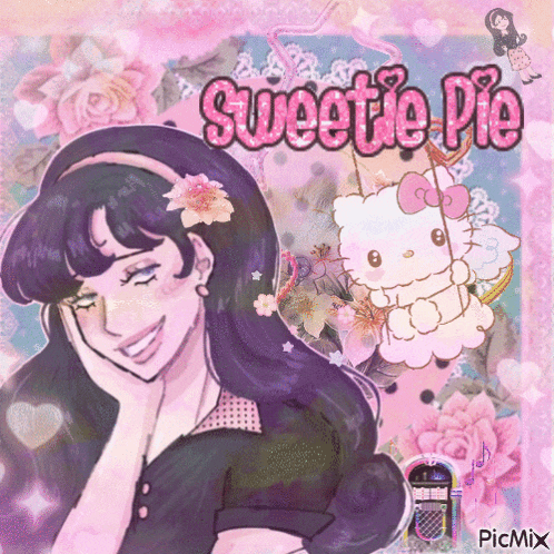 a picture of a girl with a hello kitty and the word sweetie pie