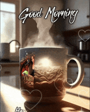 a mug with a picture of a woman and the words " good morning " on it