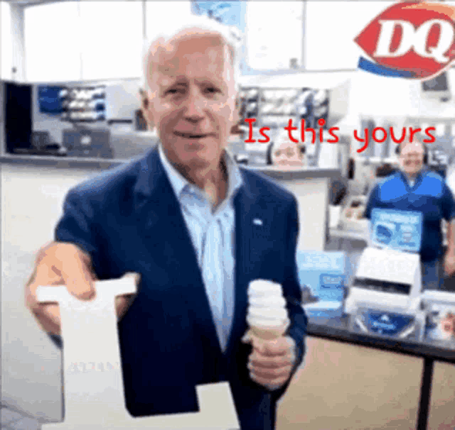 a man in a suit is holding an ice cream cone in front of a sign for dairy queen