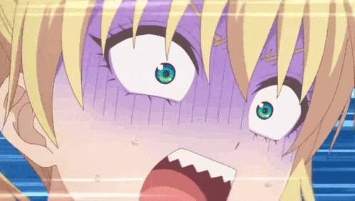 a girl with blonde hair and green eyes is making a shocked face