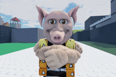 a cartoon pig wearing a yellow vest with the letter a on the front