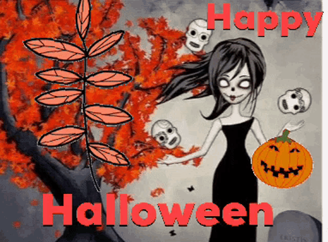 a cartoon of a girl holding a pumpkin and the words happy halloween