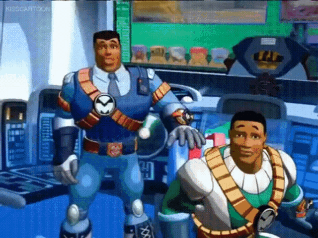 a couple of cartoon characters standing next to each other in a room