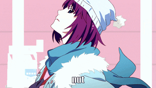 a girl with purple hair is wearing a hat and scarf and the word nut is on the bottom right