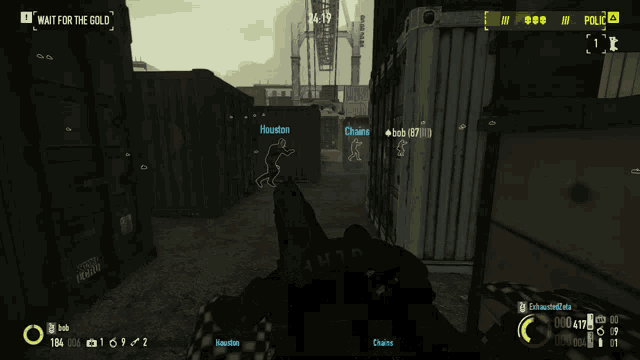 a screenshot of a video game with houston and chains in the background