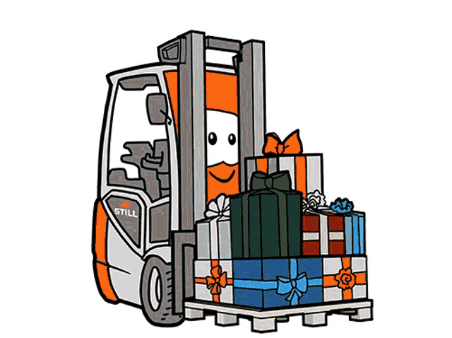 a cartoon drawing of a still forklift carrying lots of gifts