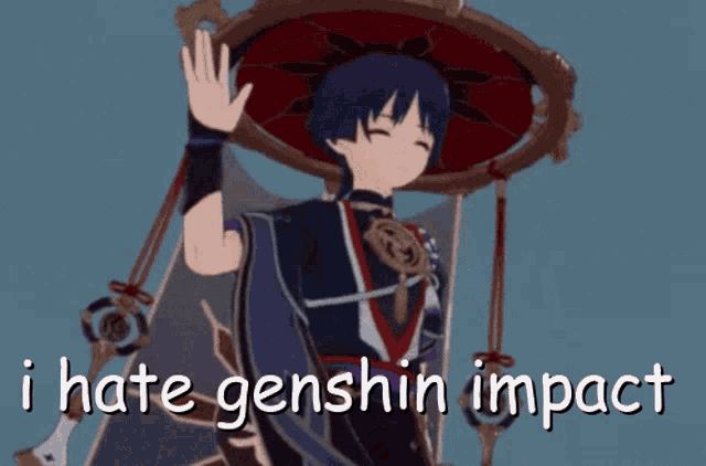 a cartoon character with a red umbrella and the words i hate genshin impact