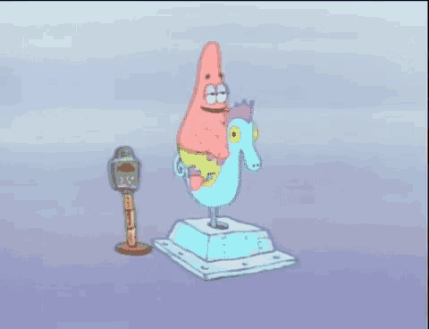 patrick star from spongebob squarepants is riding a seahorse statue next to a parking meter .