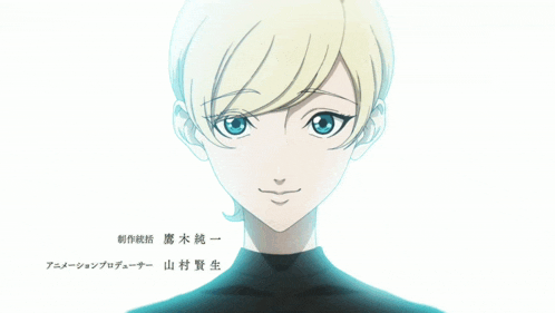 a blonde anime character with blue eyes covering her face with her hand
