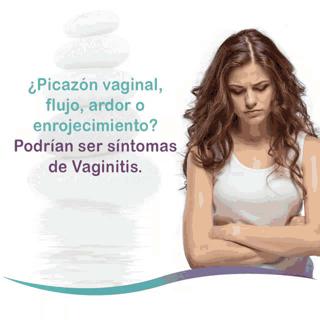 a woman with her arms crossed in front of a sign that says picazon vaginal flujo ardor or enrojecimiento