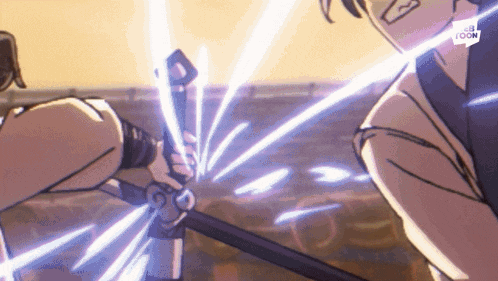a cartoon drawing of a man holding a sword with a purple light coming out of it