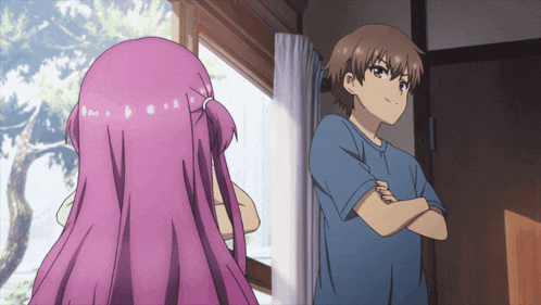 a boy and a girl are standing next to each other in front of a window