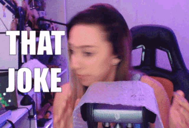 a woman sitting in a chair with the words that joke above her head