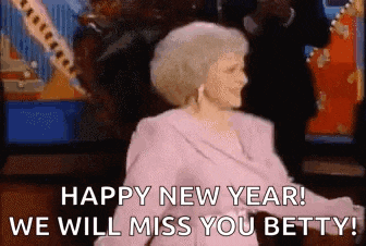 a woman in a pink dress is dancing and saying `` happy new year , we will miss you betty ! ''