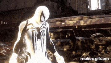 a spider man in a white suit is standing in front of a building