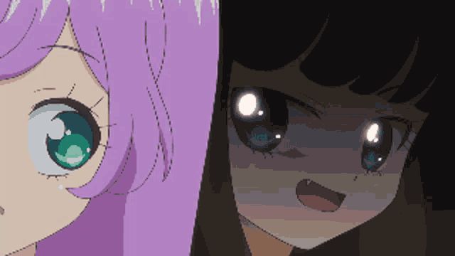 a girl with purple hair and a girl with black hair looking at each other