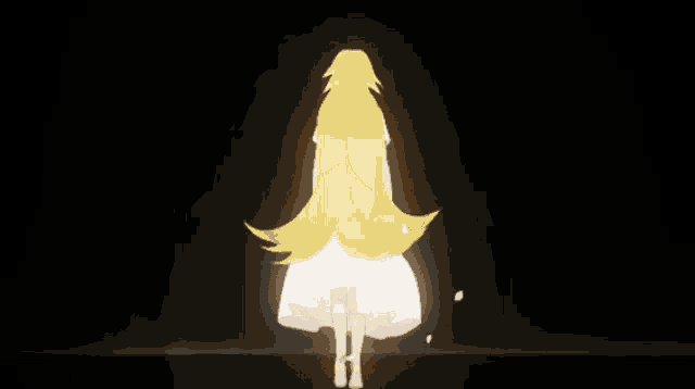 a woman in a white dress with long blonde hair is walking in the dark