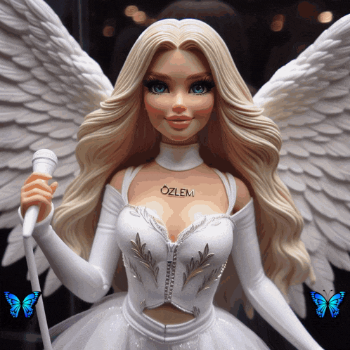 a doll with the name ozlem on her chest holds a microphone