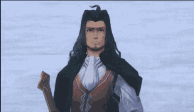 a man with long hair and a beard is holding a sword in a video game