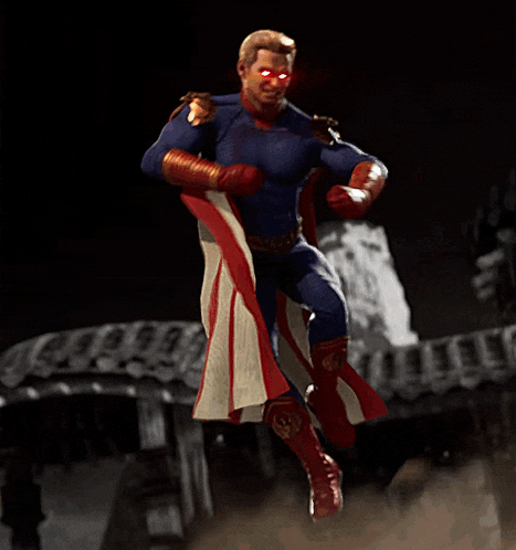 a man in a superhero costume is holding a red laser