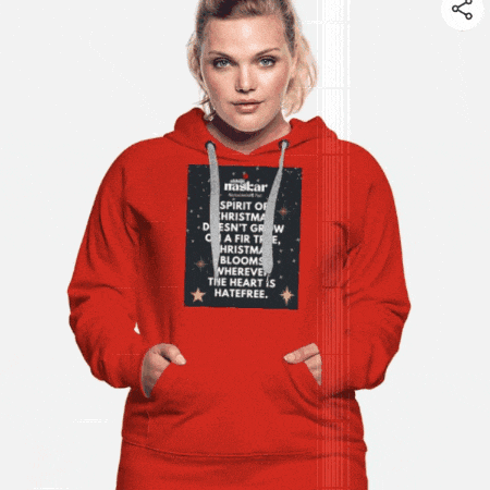 a woman is wearing a red hoodie that says nascar spirit of christmas