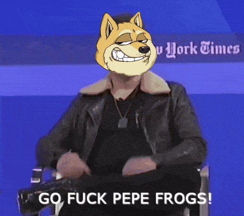 a man in a leather jacket says go fuck pepe frogs in front of the new york times