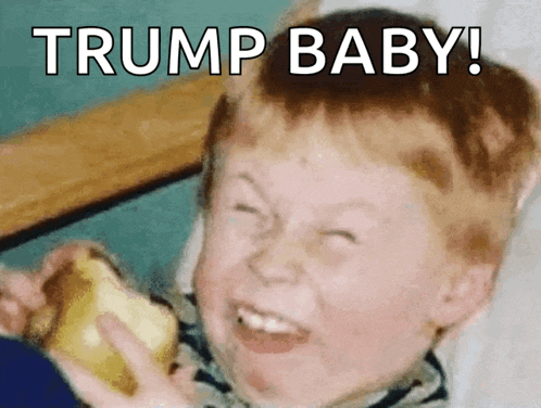 a young boy is making a funny face while holding a piece of cheese and the words trump baby are written above him .