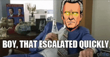 a man in a suit and tie is holding a bottle of beer and saying doy that escalated quickly .