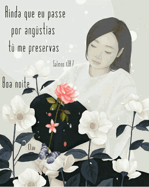 an illustration of a woman holding a rose with the words ainda que eu passe por angustias tu me preservas
