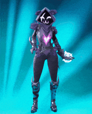 a video game character with a purple hood and a purple heart on her chest
