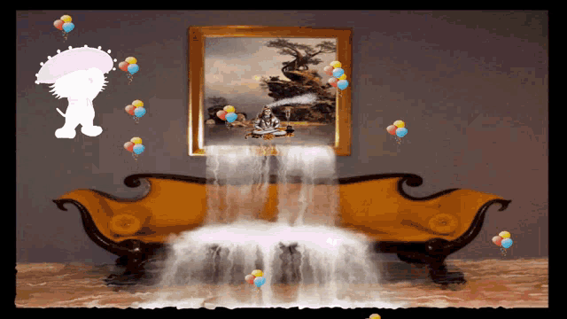 a painting of a waterfall behind a couch with balloons