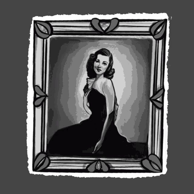 a black and white drawing of a woman in a black dress in a frame