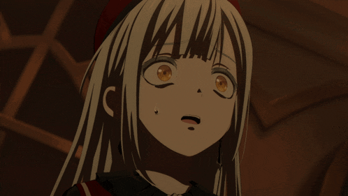 a close up of a girl with white hair and yellow eyes