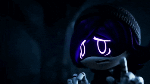 a cartoon character with purple eyes and the letter u