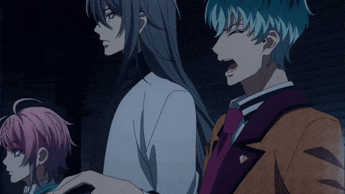three anime characters are standing next to each other and one has a pink haired girl