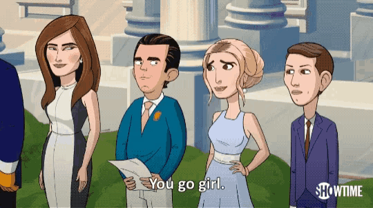 a cartoon of a man holding a piece of paper that says you go girl on it