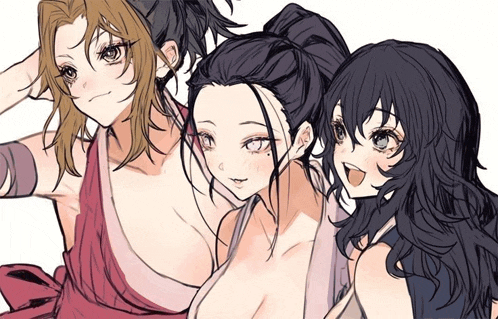 three anime girls are posing for a picture and one of them has a ponytail