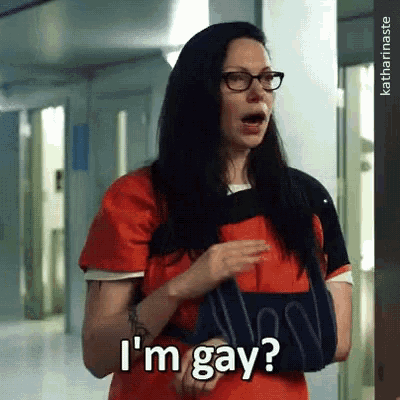 a woman with a cast on her arm is saying i 'm gay ?