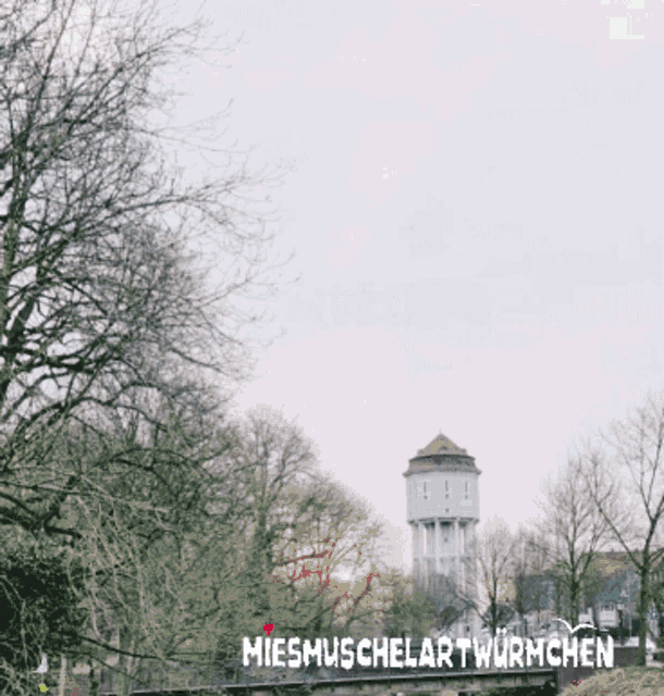 a picture of a water tower with the words miesmuschelartwurmchen written below it