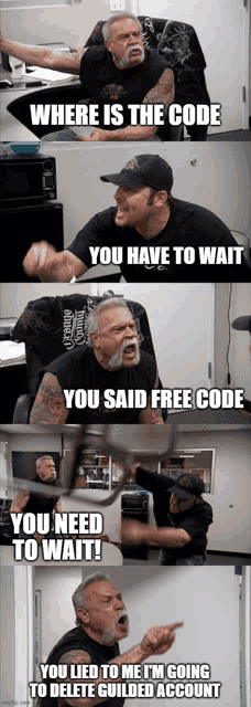 a man with a beard is sitting in a chair with his arms outstretched and says where is the code