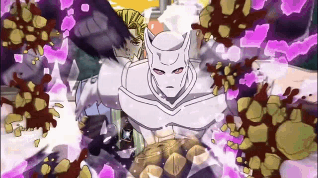 a cartoon of king crimson from jojo 's bizarre adventure in a white suit