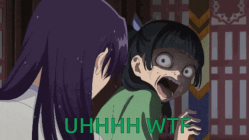 a girl with a shocked look on her face and the words uhhhh wtf behind her