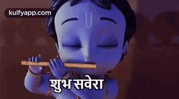 a cartoon krishna is playing a flute with his eyes closed .